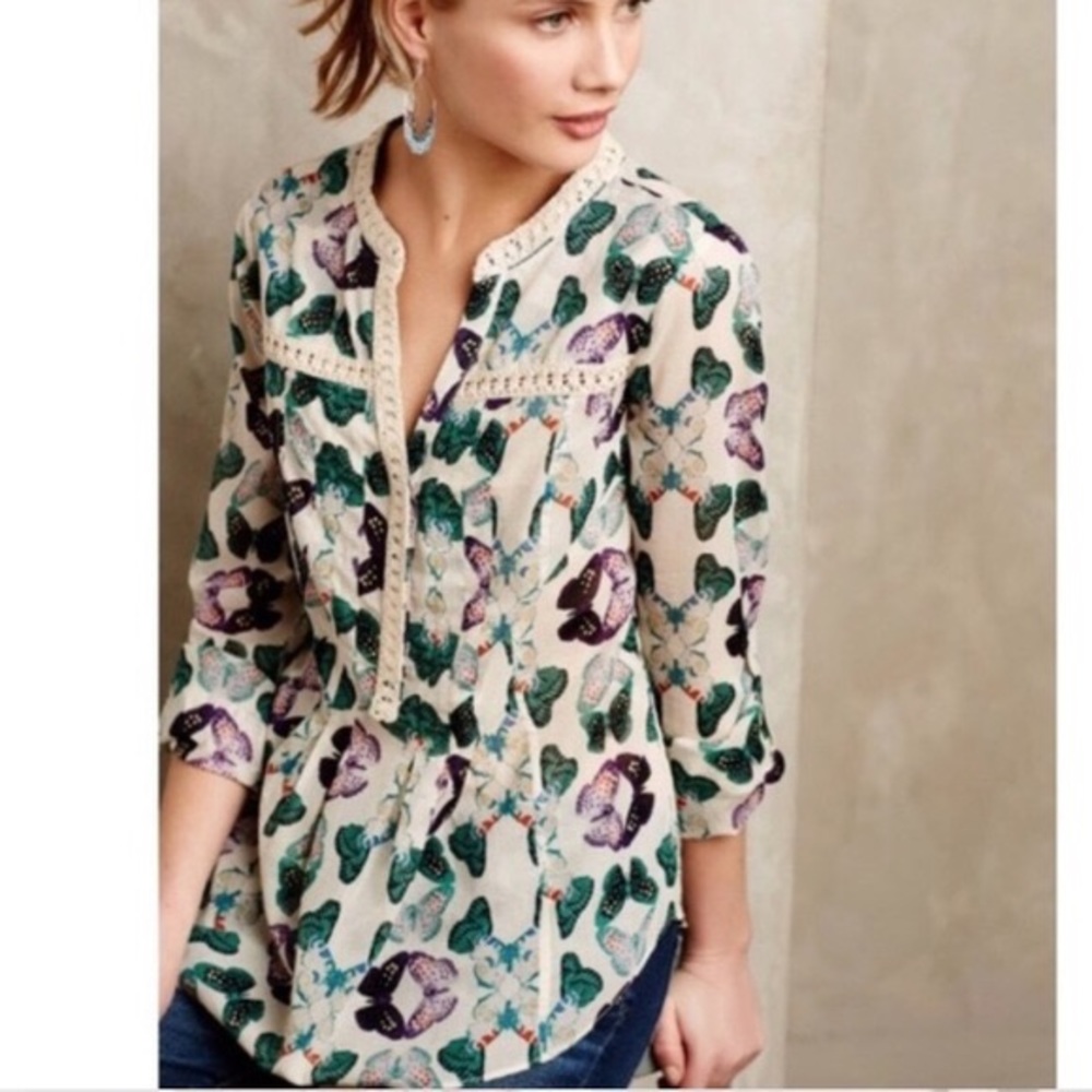 Anthropologie Maeve Butterfly sheer pintuck